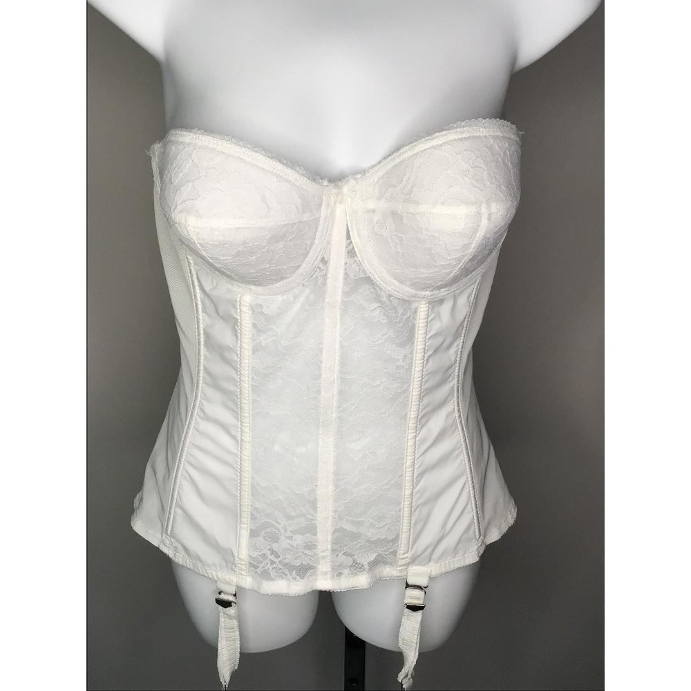 VTG Goddess Satin Bustier Corset Bra 36B White Lace Longline Garter Strap Bridal